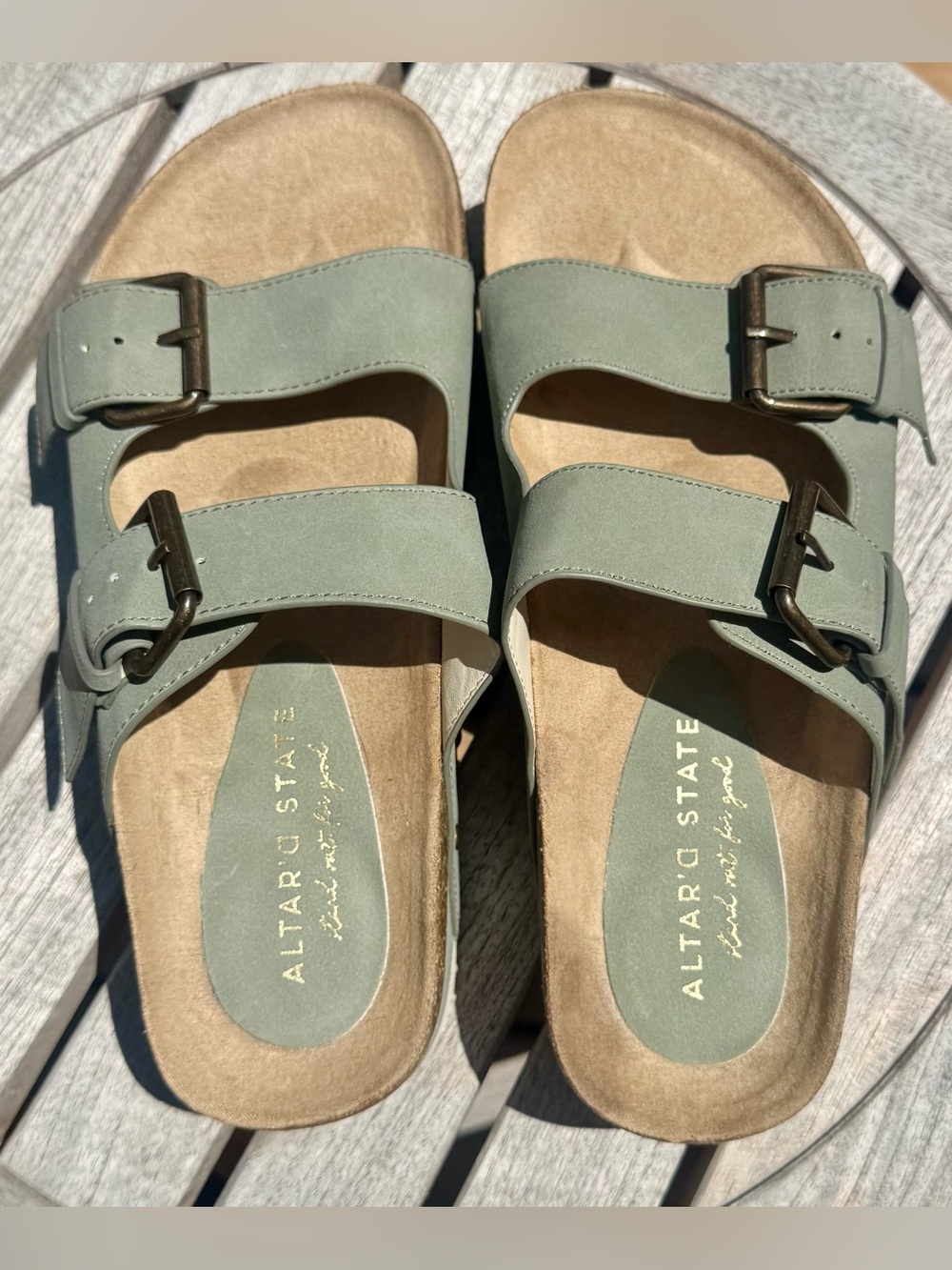Altar'd State Sage Green Double Buckle Slide Sandals